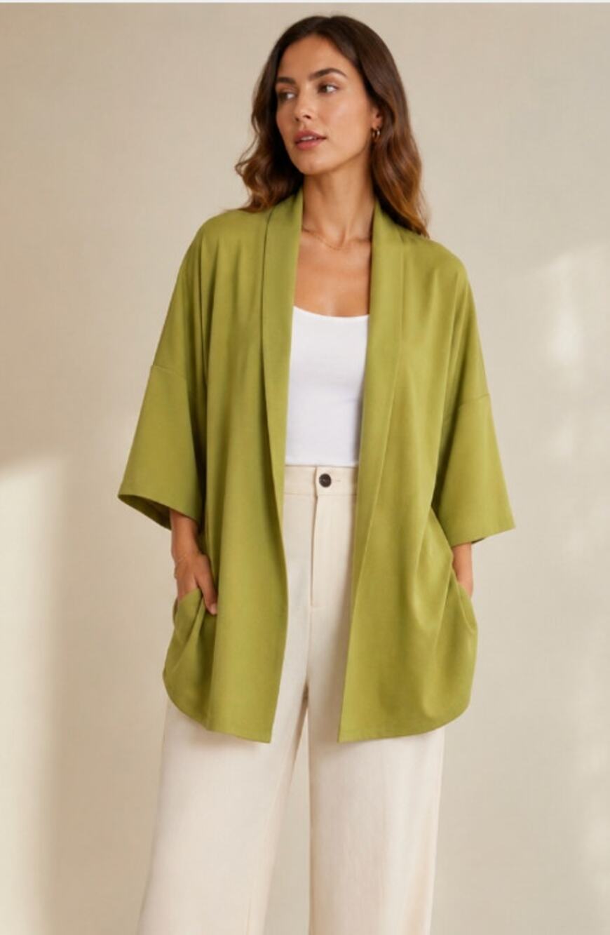 P. Cill Chartreuse Open Front Knit Jacket S/M Dolman Sleeve Relaxed Cardigan